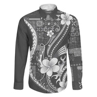 Samoa Siapo Tribal Pattern Family Matching Off Shoulder Short Dress and Hawaiian Shirt Light Gray Polynesian Plumeria Tapa Motif LT9 Dad's Shirt - Long Sleeve Gray - Polynesian Pride