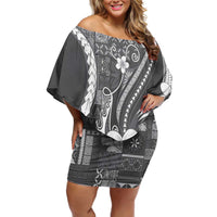 Samoa Siapo Tribal Pattern Family Matching Off Shoulder Short Dress and Hawaiian Shirt Light Gray Polynesian Plumeria Tapa Motif LT9 Mom's Dress Gray - Polynesian Pride