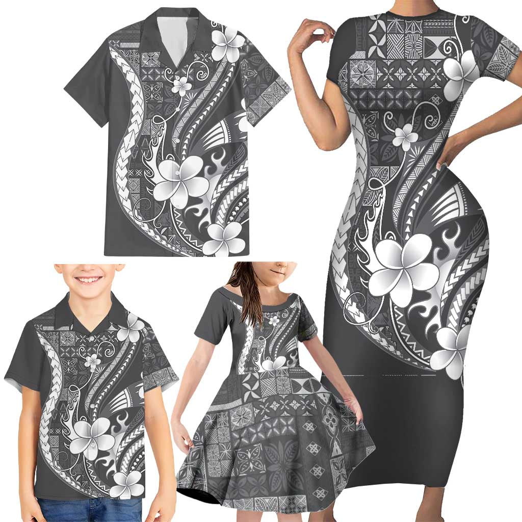 Samoa Siapo Tribal Pattern Family Matching Short Sleeve Bodycon Dress and Hawaiian Shirt Light Gray Polynesian Plumeria Tapa Motif LT9 - Polynesian Pride