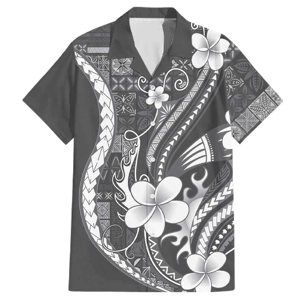 Samoa Siapo Tribal Pattern Family Matching Summer Maxi Dress and Hawaiian Shirt Light Gray Polynesian Plumeria Tapa Motif LT9 Dad's Shirt - Short Sleeve Gray - Polynesian Pride
