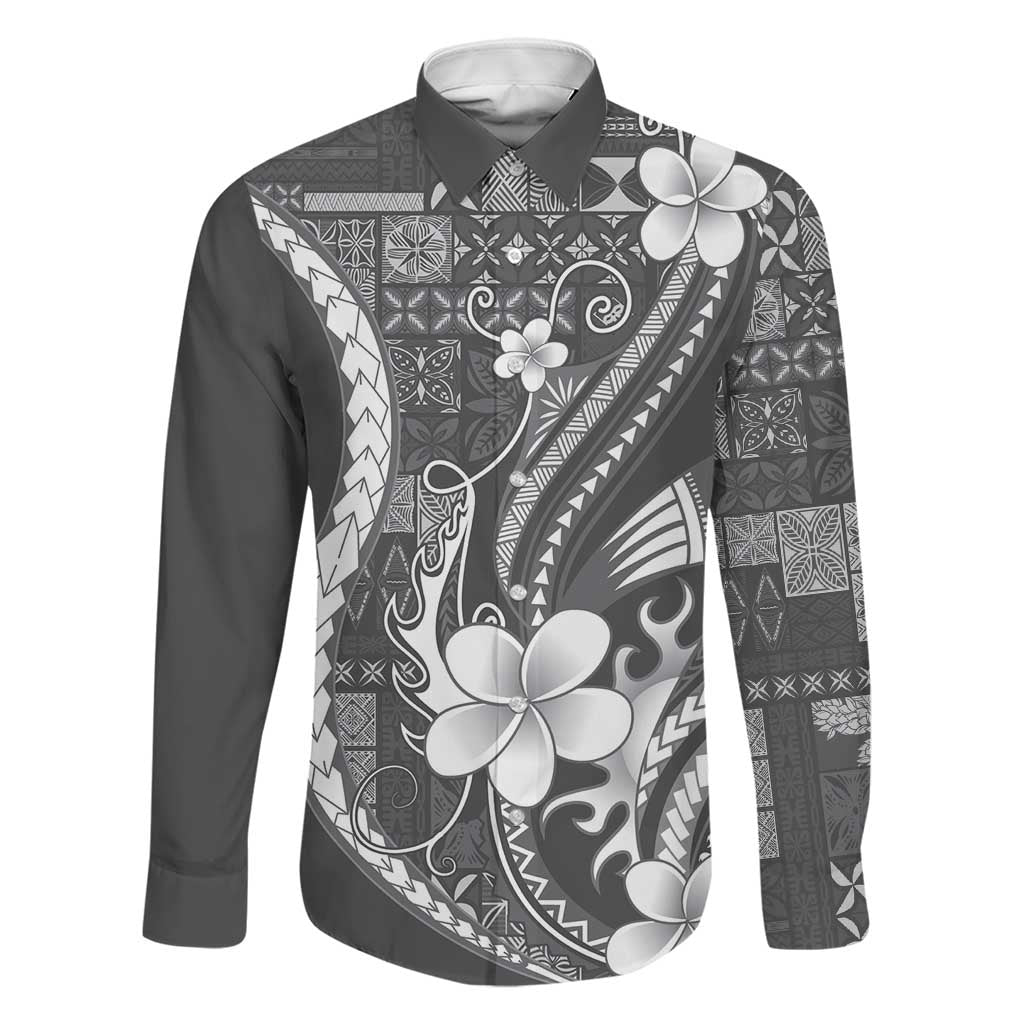 Samoa Siapo Tribal Pattern Family Matching Summer Maxi Dress and Hawaiian Shirt Light Gray Polynesian Plumeria Tapa Motif LT9 Dad's Shirt - Long Sleeve Gray - Polynesian Pride