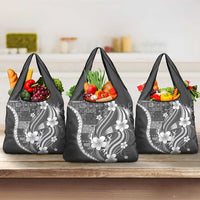 Samoa Siapo Tribal Pattern Grocery Bag Light Gray Polynesian Plumeria Tapa Motif