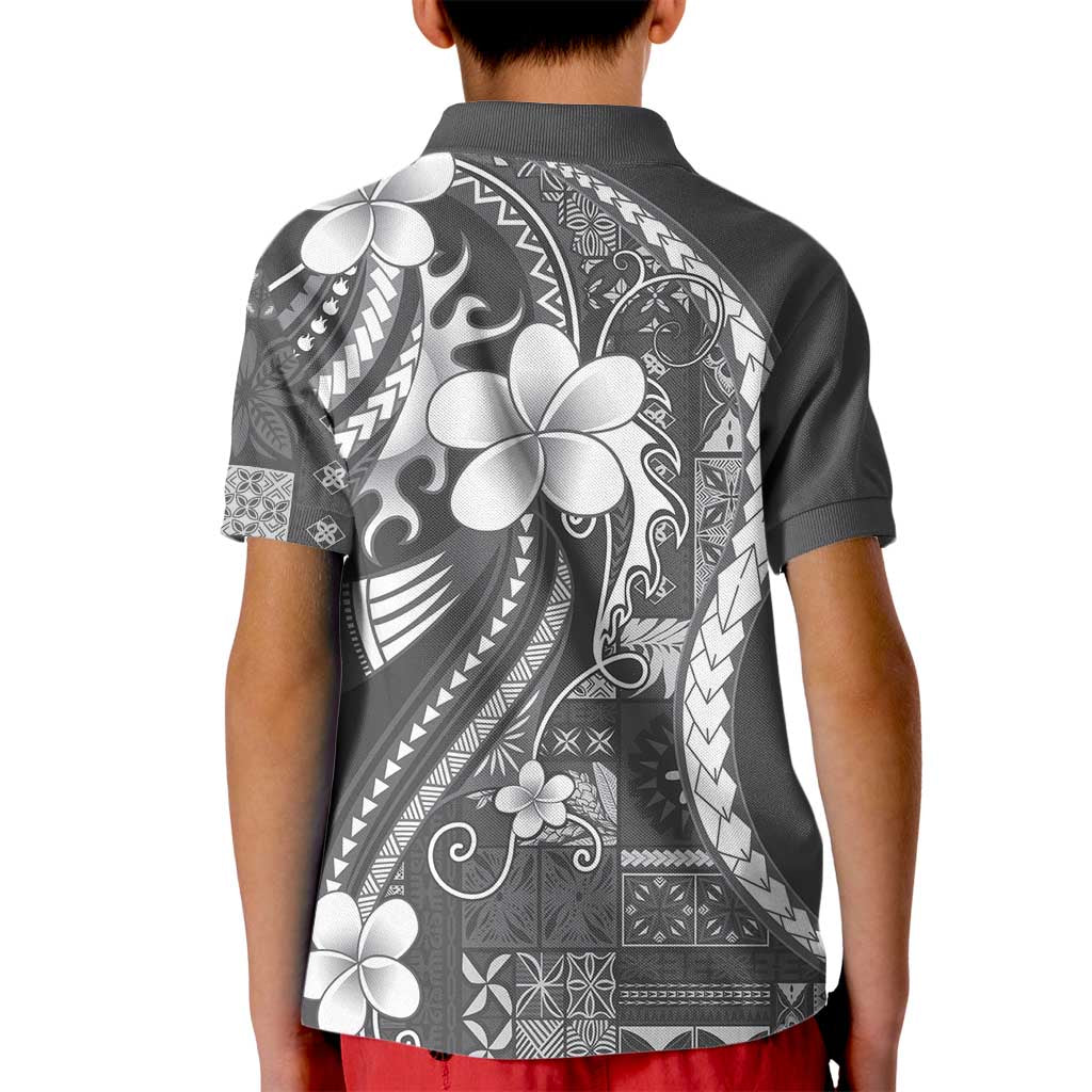 Samoa Siapo Tribal Pattern Kid Polo Shirt Light Gray Polynesian Plumeria Tapa Motif