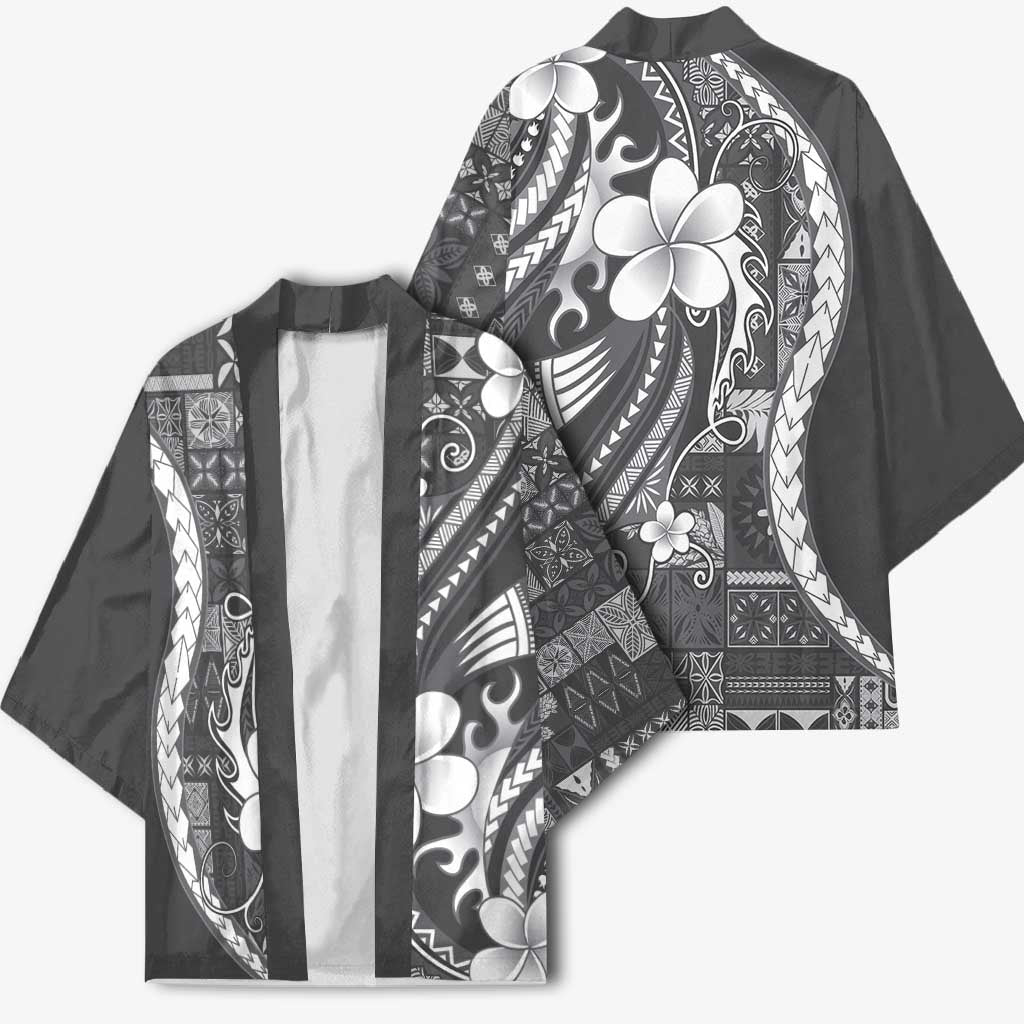 Samoa Siapo Tribal Pattern Kimono Light Gray Polynesian Plumeria Tapa Motif