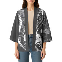 Samoa Siapo Tribal Pattern Kimono Light Gray Polynesian Plumeria Tapa Motif