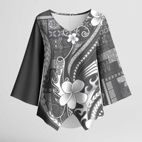 Samoa Siapo Tribal Pattern Kimono Sleeve Blouse Light Gray Polynesian Plumeria Tapa Motif