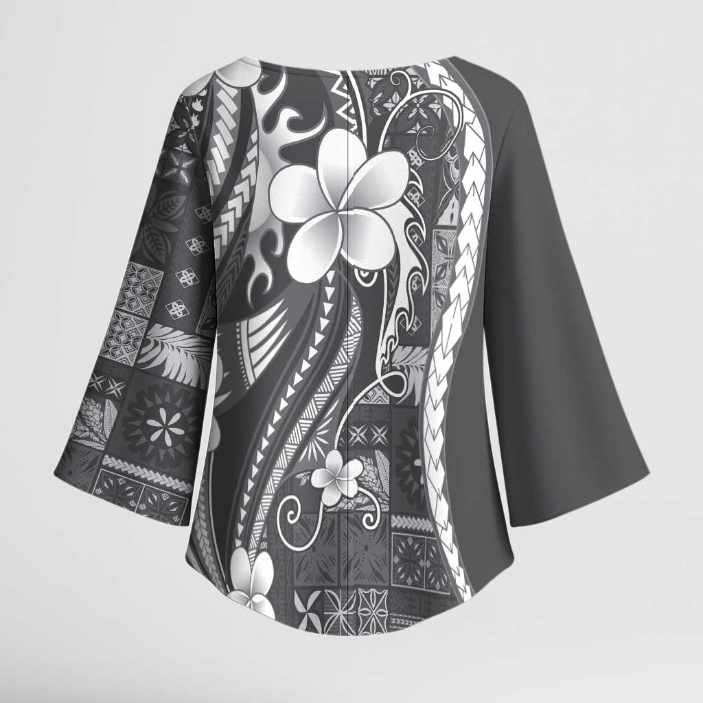 Samoa Siapo Tribal Pattern Kimono Sleeve Blouse Light Gray Polynesian Plumeria Tapa Motif