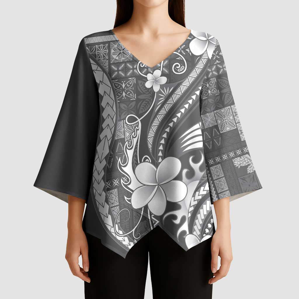 Samoa Siapo Tribal Pattern Kimono Sleeve Blouse Light Gray Polynesian Plumeria Tapa Motif