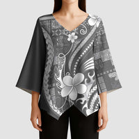 Samoa Siapo Tribal Pattern Kimono Sleeve Blouse Light Gray Polynesian Plumeria Tapa Motif
