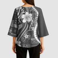 Samoa Siapo Tribal Pattern Kimono Sleeve Blouse Light Gray Polynesian Plumeria Tapa Motif