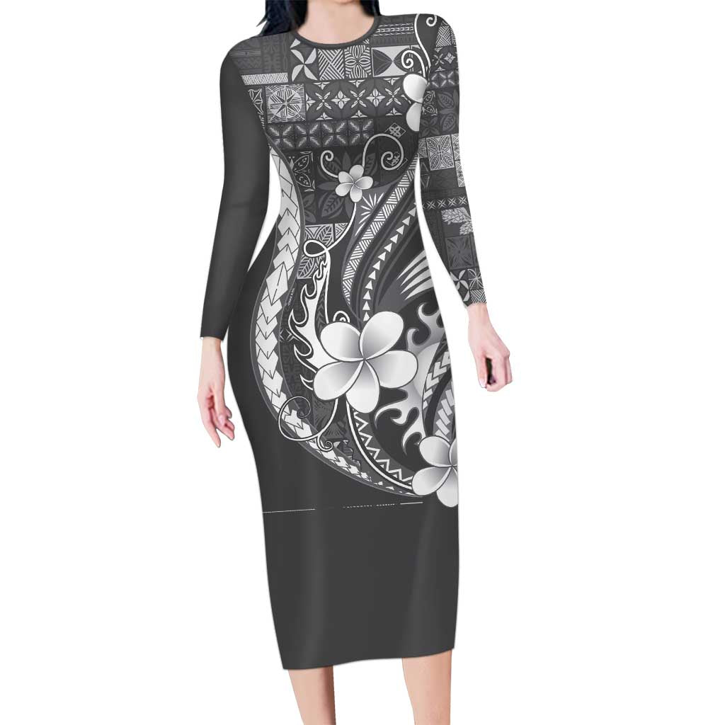 Samoa Siapo Tribal Pattern Long Sleeve Bodycon Dress Light Gray Polynesian Plumeria Tapa Motif