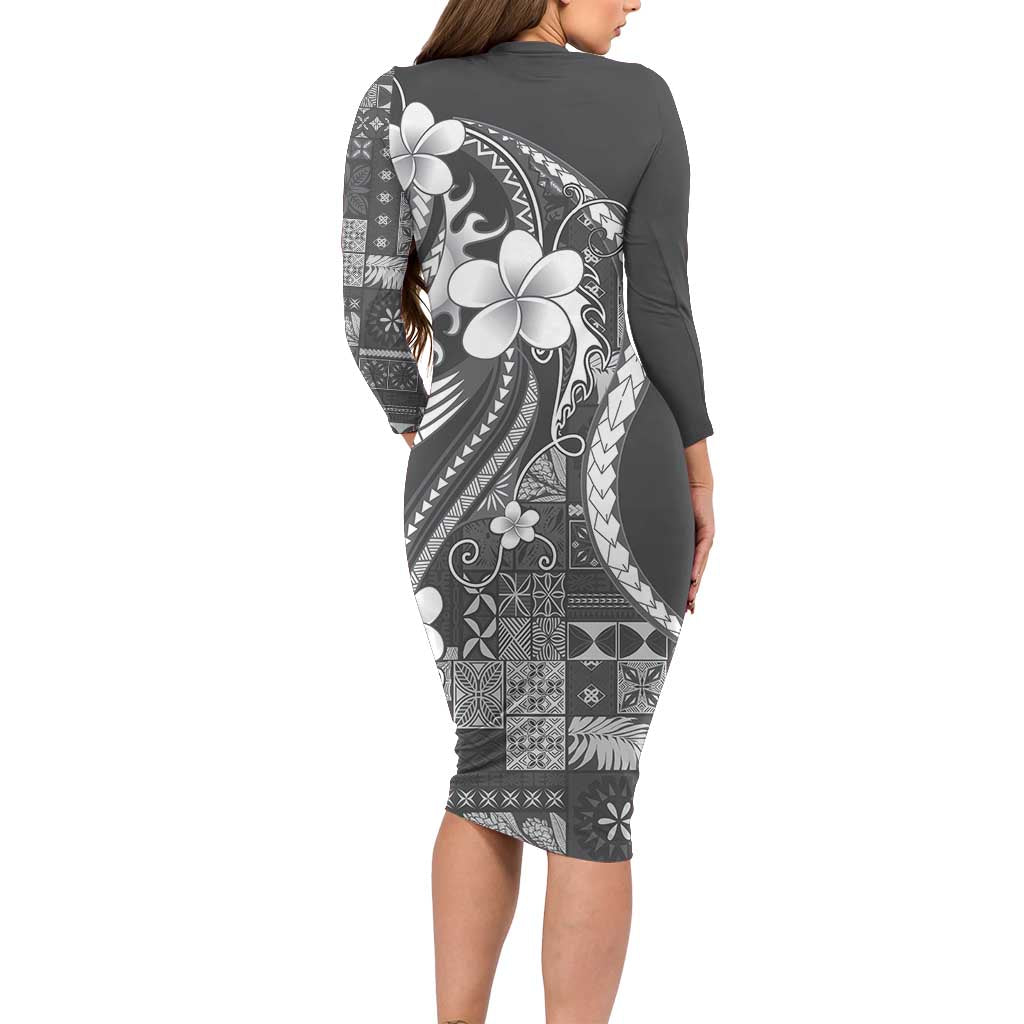 Samoa Siapo Tribal Pattern Long Sleeve Bodycon Dress Light Gray Polynesian Plumeria Tapa Motif