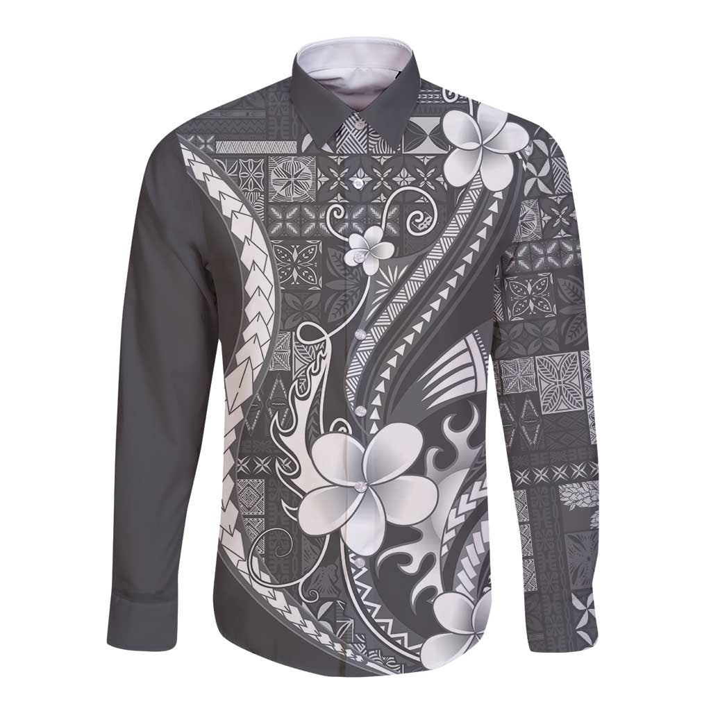 Samoa Siapo Tribal Pattern Long Sleeve Button Shirt Light Gray Polynesian Plumeria Tapa Motif