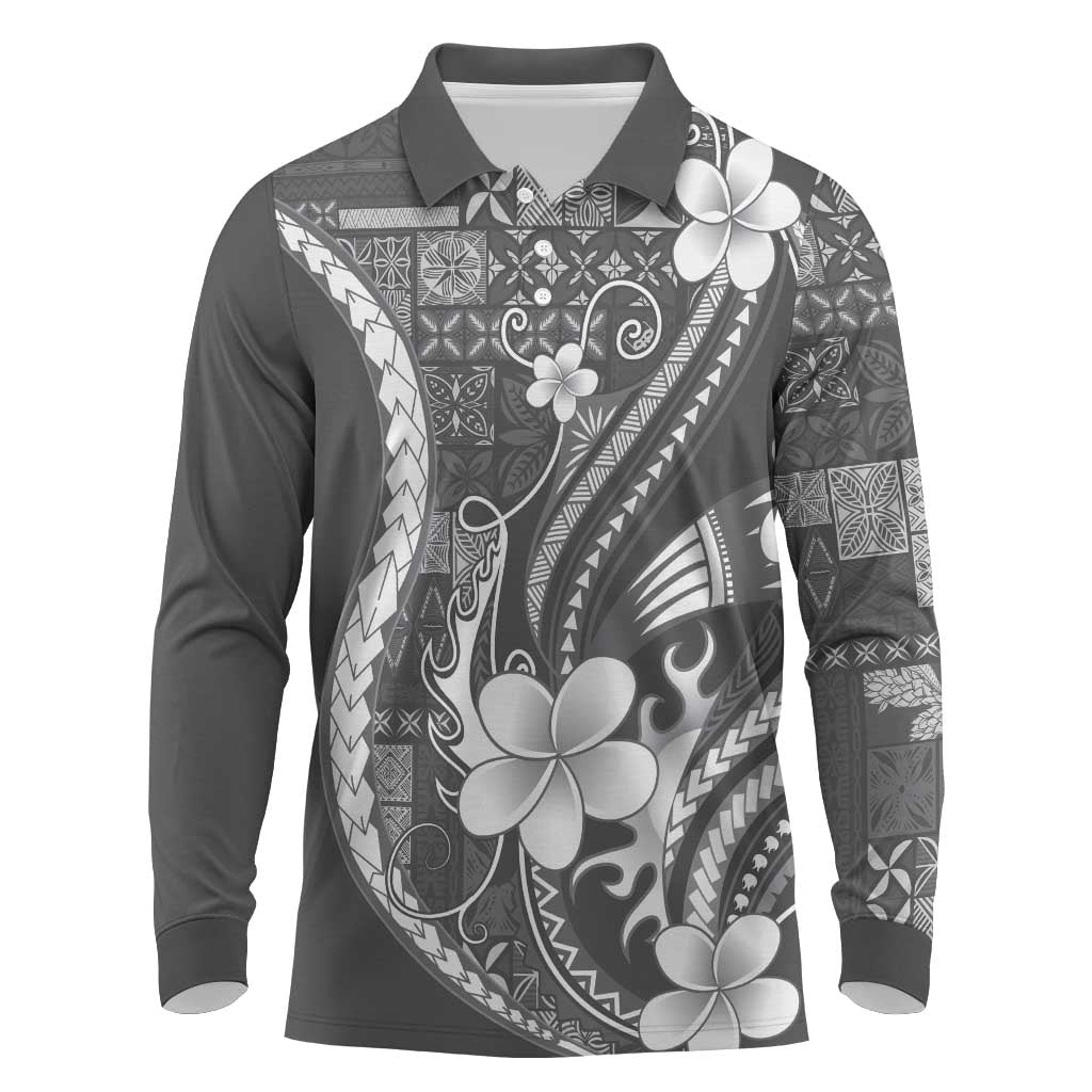 Samoa Siapo Tribal Pattern Long Sleeve Polo Shirt Light Gray Polynesian Plumeria Tapa Motif