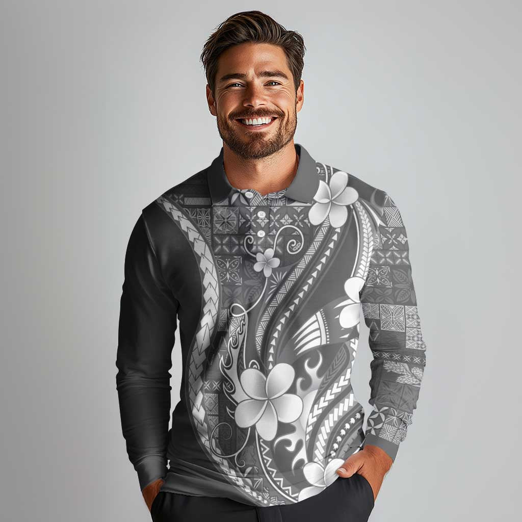 Samoa Siapo Tribal Pattern Long Sleeve Polo Shirt Light Gray Polynesian Plumeria Tapa Motif