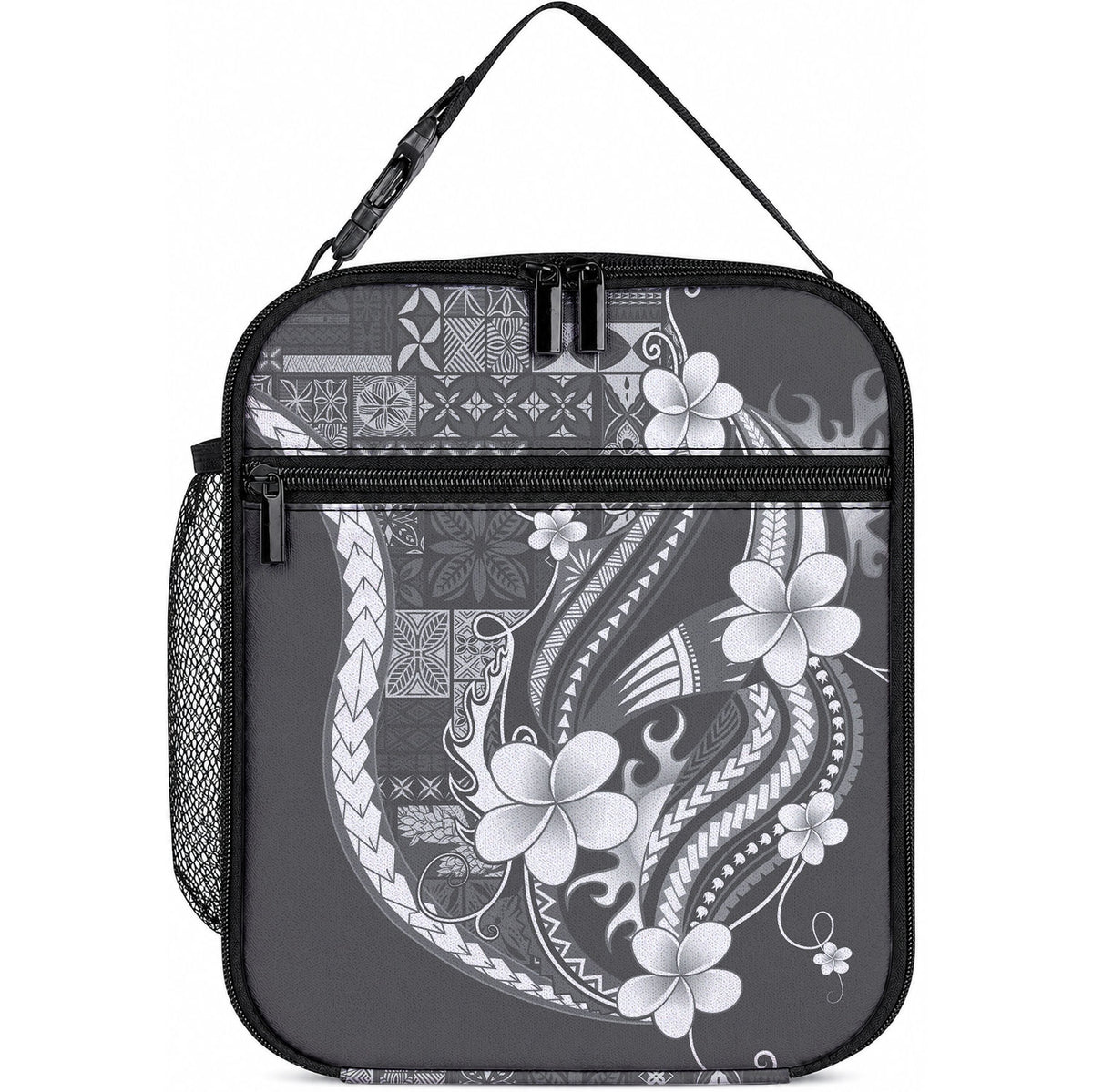 Samoa Siapo Tribal Pattern Lunch Bag Light Gray Polynesian Plumeria Tapa Motif LT9 10.2 × 8.3 × 4.3 inch Blue - Polynesian Pride