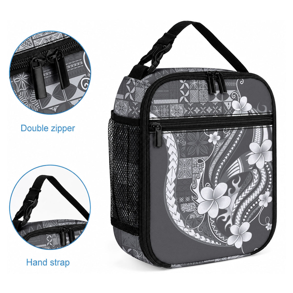 Samoa Siapo Tribal Pattern Lunch Bag Light Gray Polynesian Plumeria Tapa Motif LT9 - Polynesian Pride