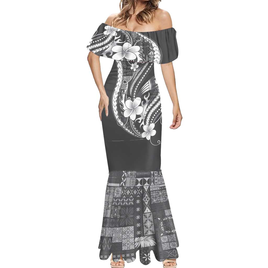 Samoa Siapo Tribal Pattern Mermaid Dress Light Gray Polynesian Plumeria Tapa Motif