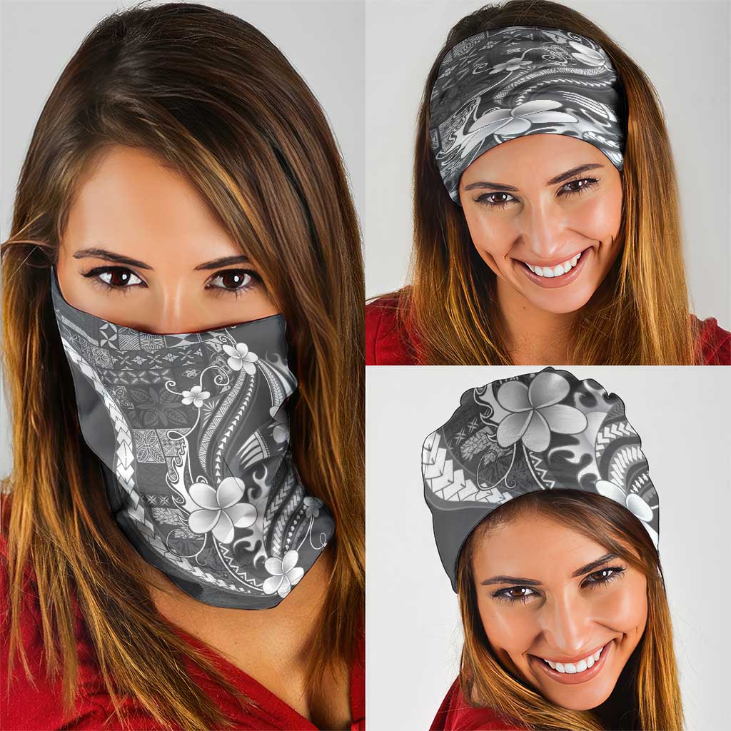 Samoa Siapo Tribal Pattern Neck Gaiter Light Gray Polynesian Plumeria Tapa Motif