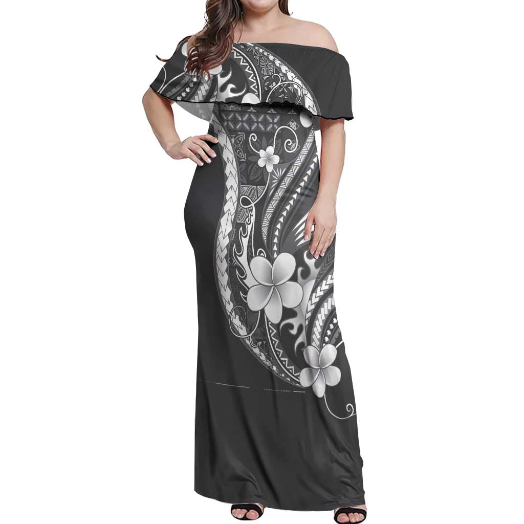 Samoa Siapo Tribal Pattern Off Shoulder Maxi Dress Light Gray Polynesian Plumeria Tapa Motif