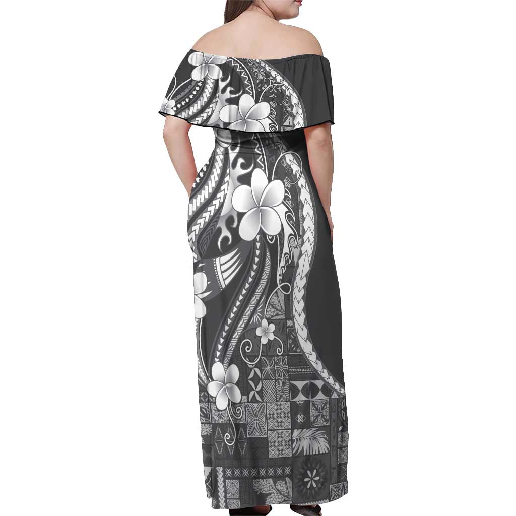 Samoa Siapo Tribal Pattern Off Shoulder Maxi Dress Light Gray Polynesian Plumeria Tapa Motif