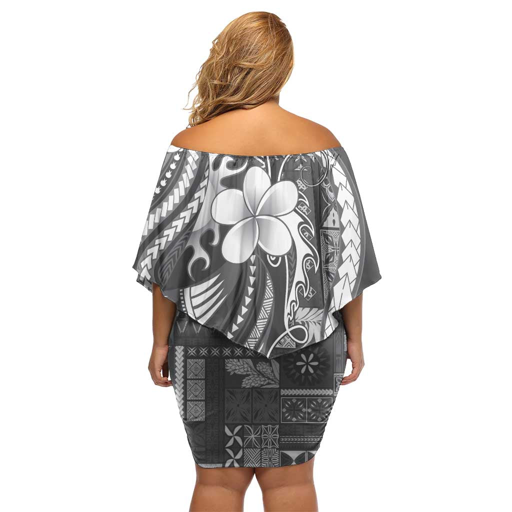Samoa Siapo Tribal Pattern Off Shoulder Short Dress Light Gray Polynesian Plumeria Tapa Motif