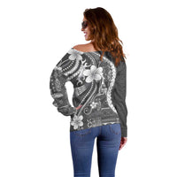 Samoa Siapo Tribal Pattern Off Shoulder Sweater Light Gray Polynesian Plumeria Tapa Motif