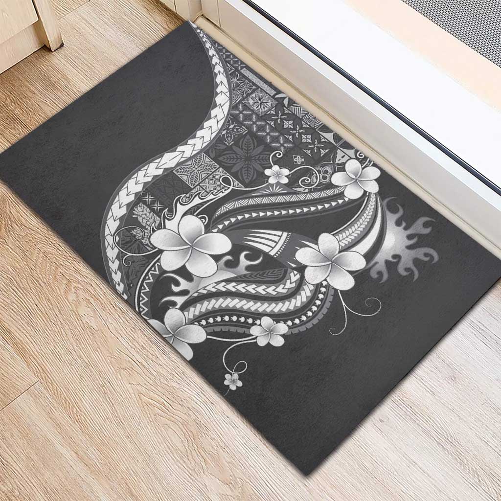Samoa Siapo Tribal Pattern Rubber Doormat Light Gray Polynesian Plumeria Tapa Motif