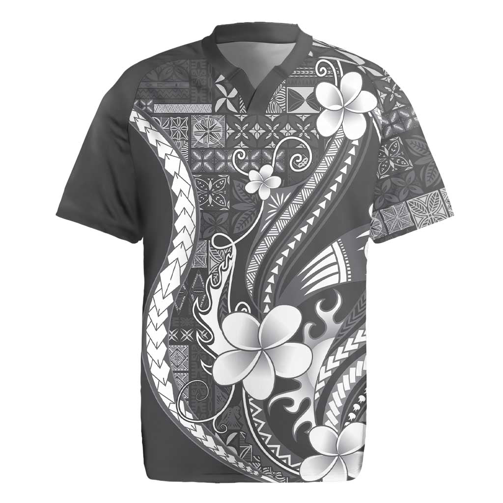Samoa Siapo Tribal Pattern Rugby Jersey Light Gray Polynesian Plumeria Tapa Motif