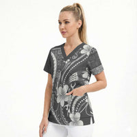Samoa Siapo Tribal Pattern Scrub Top Light Gray Polynesian Plumeria Tapa Motif