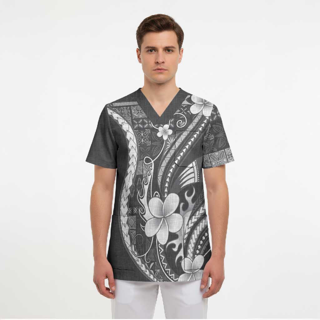 Samoa Siapo Tribal Pattern Scrub Top Light Gray Polynesian Plumeria Tapa Motif