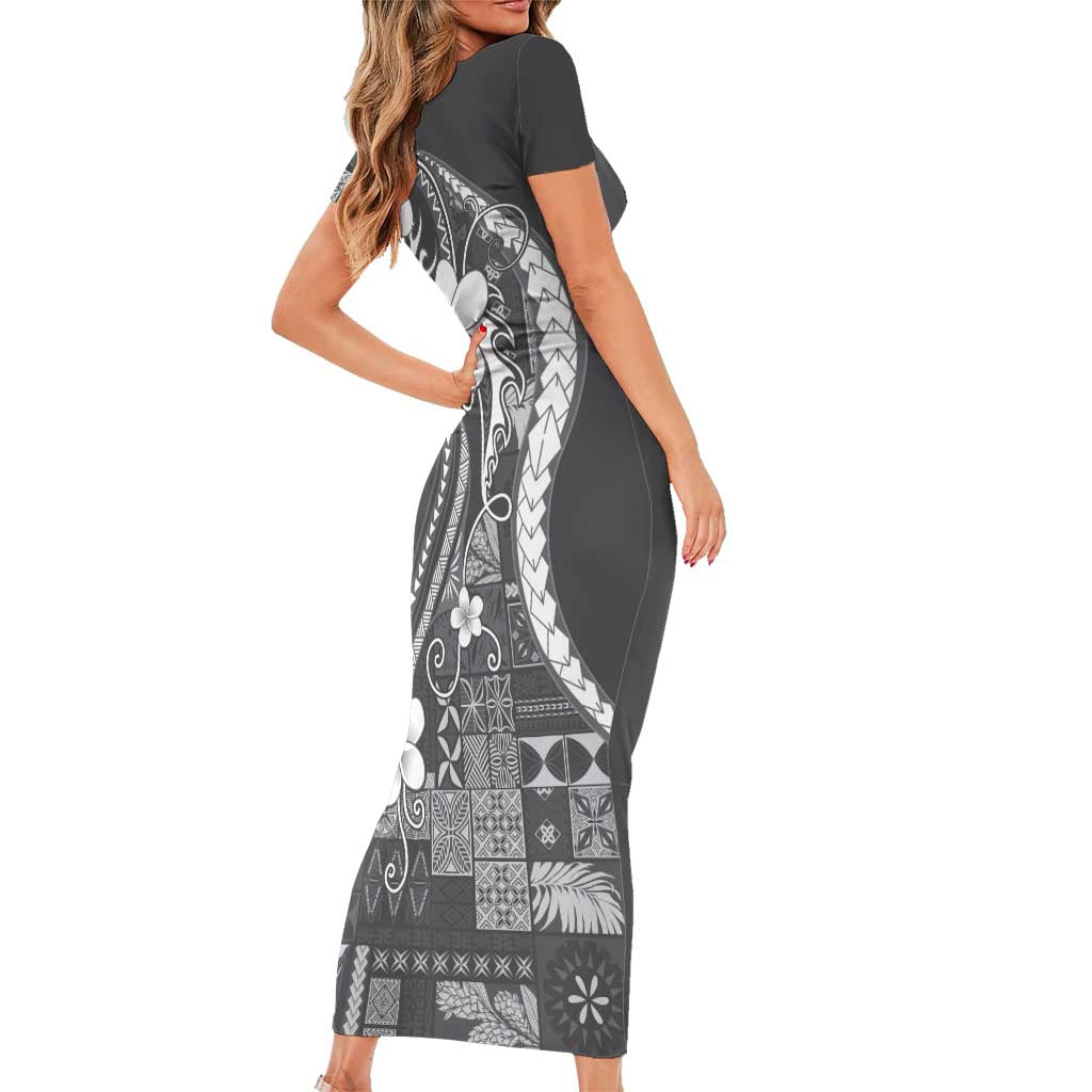 Samoa Siapo Tribal Pattern Short Sleeve Bodycon Dress Light Gray Polynesian Plumeria Tapa Motif