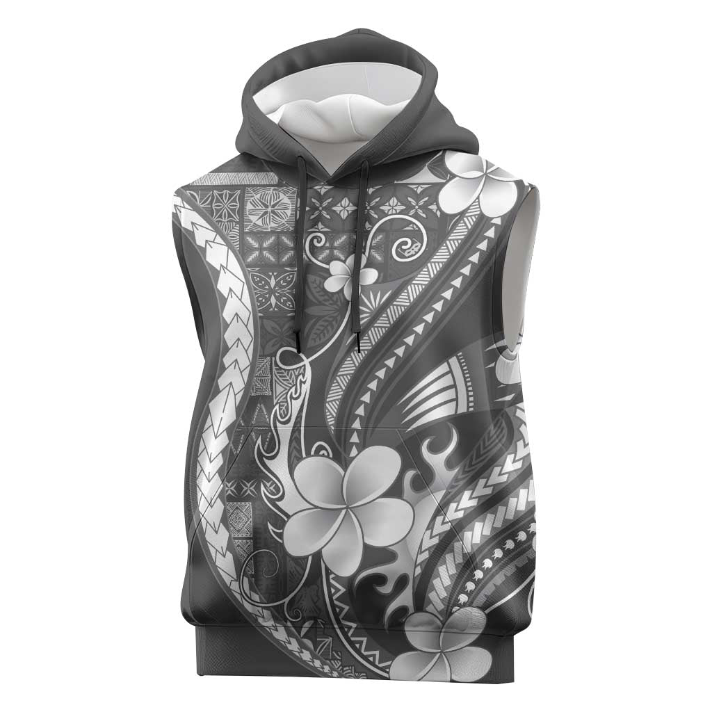 Samoa Siapo Tribal Pattern Sleeveless Hoodie Light Gray Polynesian Plumeria Tapa Motif