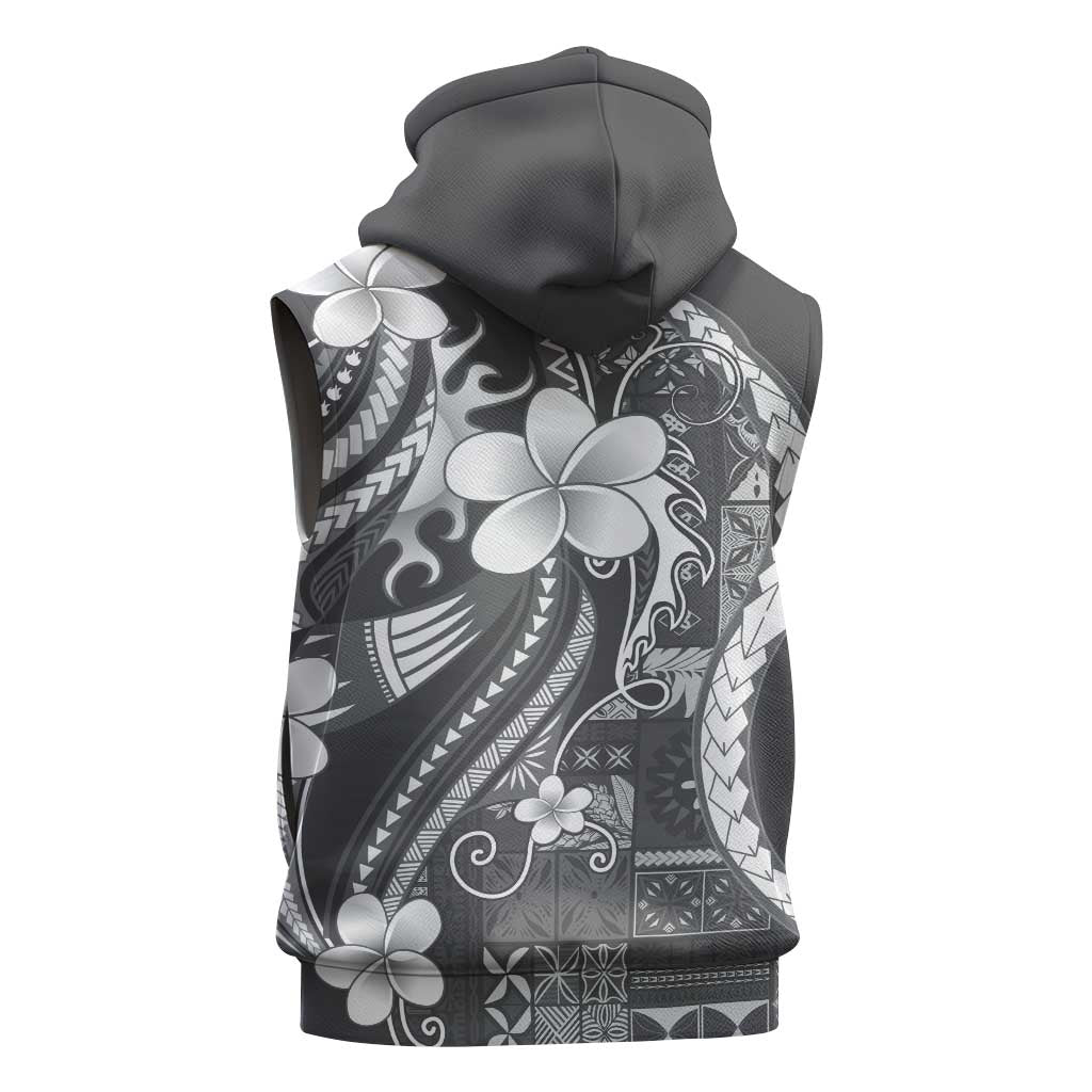 Samoa Siapo Tribal Pattern Sleeveless Hoodie Light Gray Polynesian Plumeria Tapa Motif