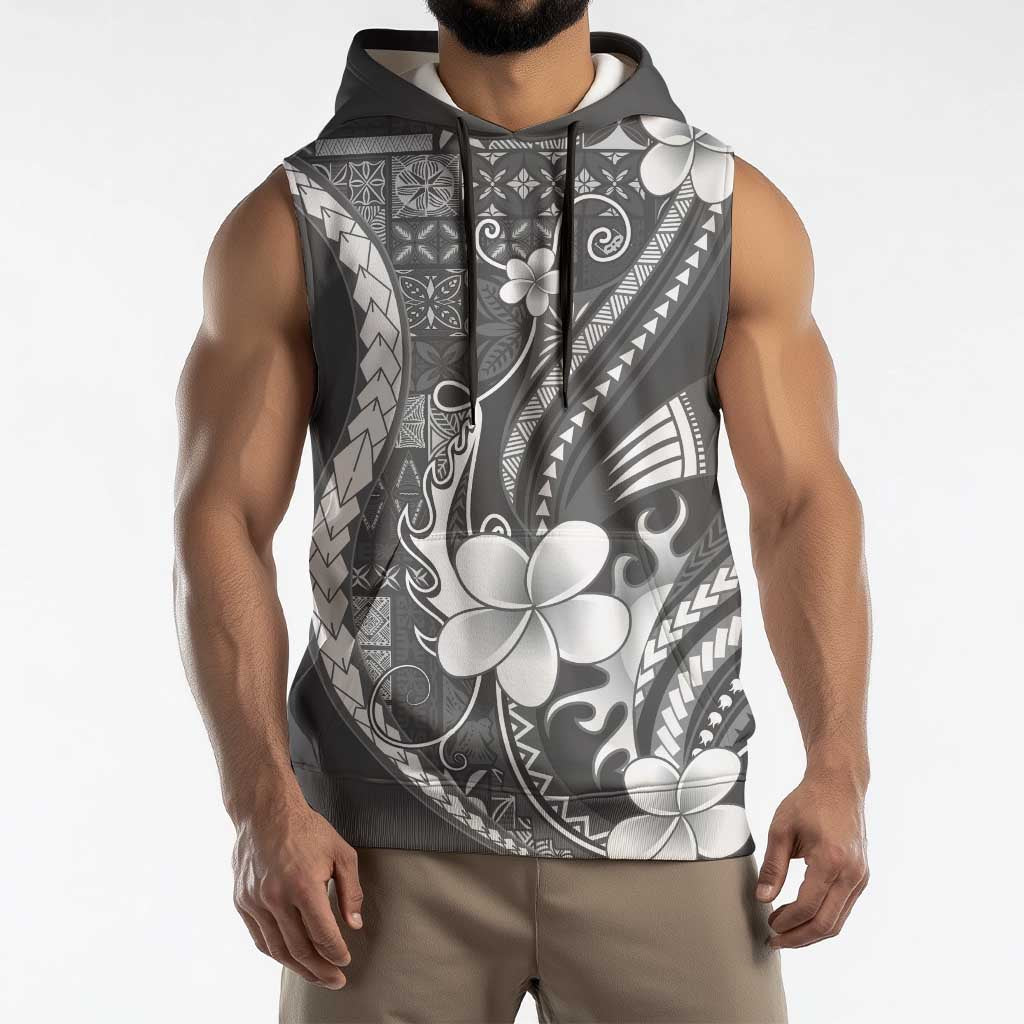 Samoa Siapo Tribal Pattern Sleeveless Hoodie Light Gray Polynesian Plumeria Tapa Motif