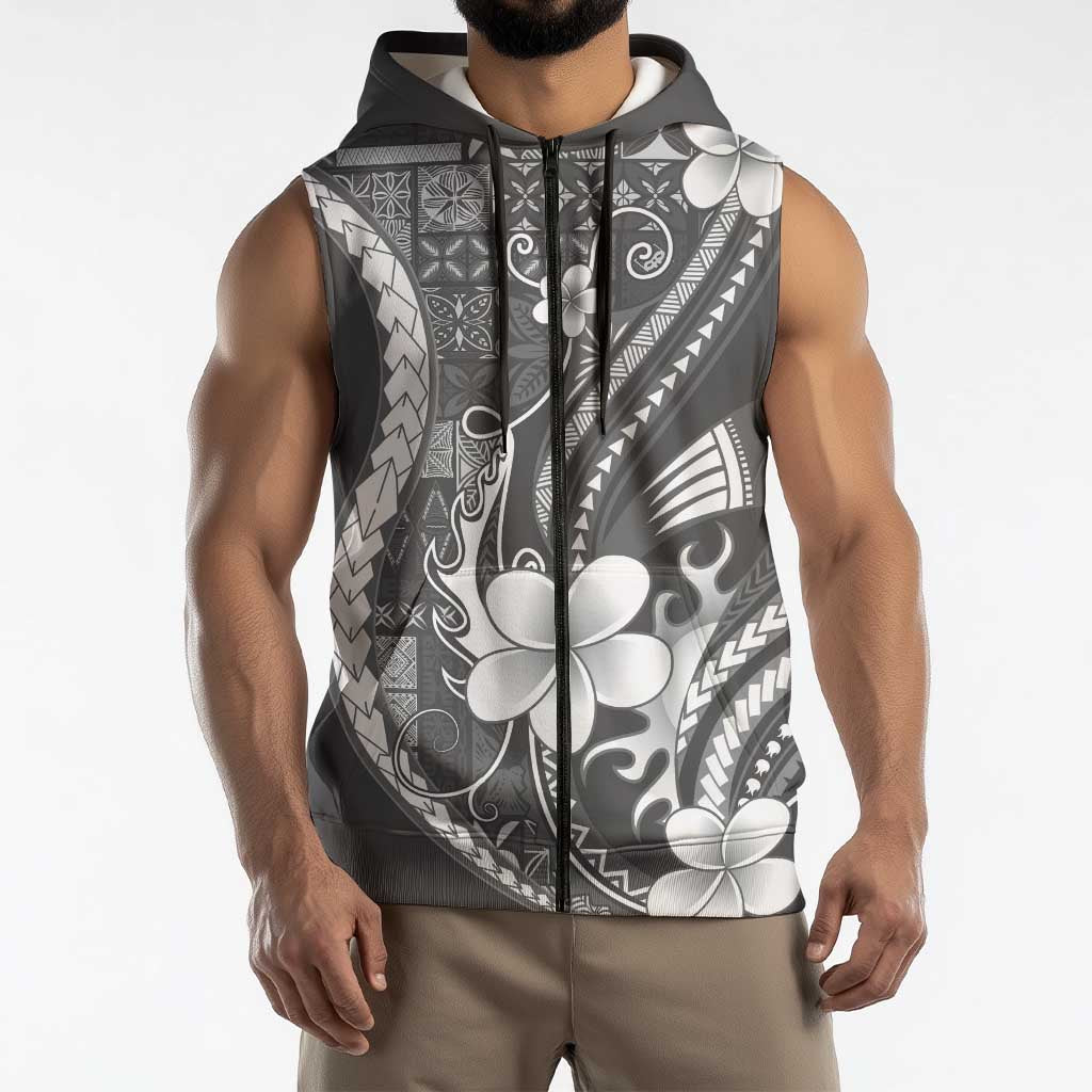 Samoa Siapo Tribal Pattern Sleeveless Zip Hoodie Light Gray Polynesian Plumeria Tapa Motif