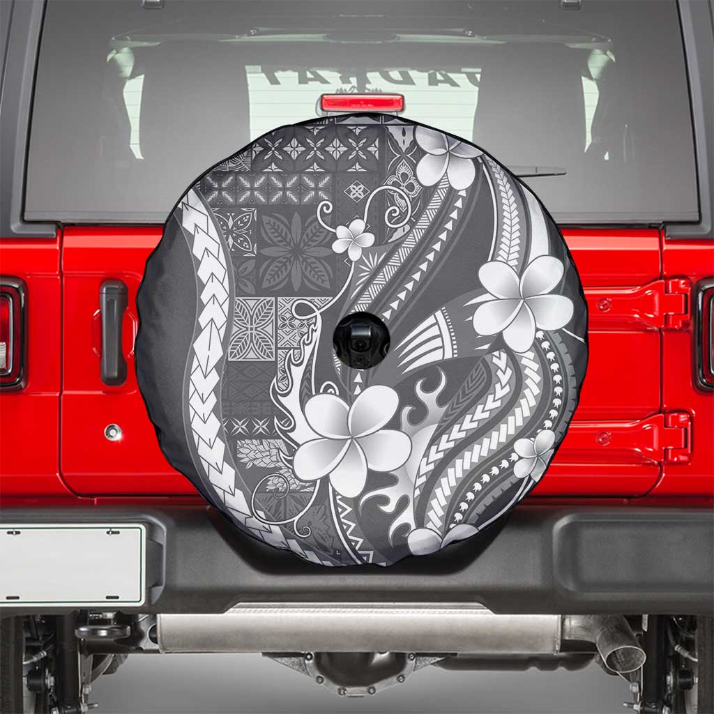 Samoa Siapo Tribal Pattern Spare Tire Cover Light Gray Polynesian Plumeria Tapa Motif