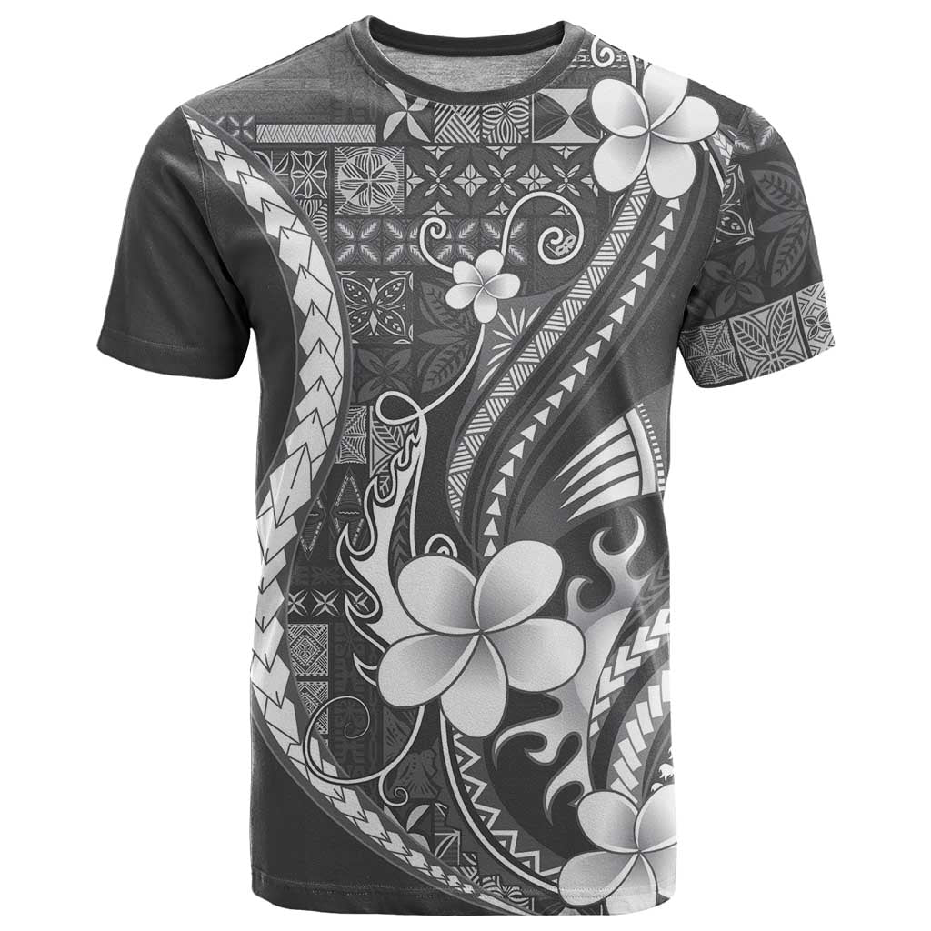 Samoa Siapo Tribal Pattern T Shirt Light Gray Polynesian Plumeria Tapa Motif