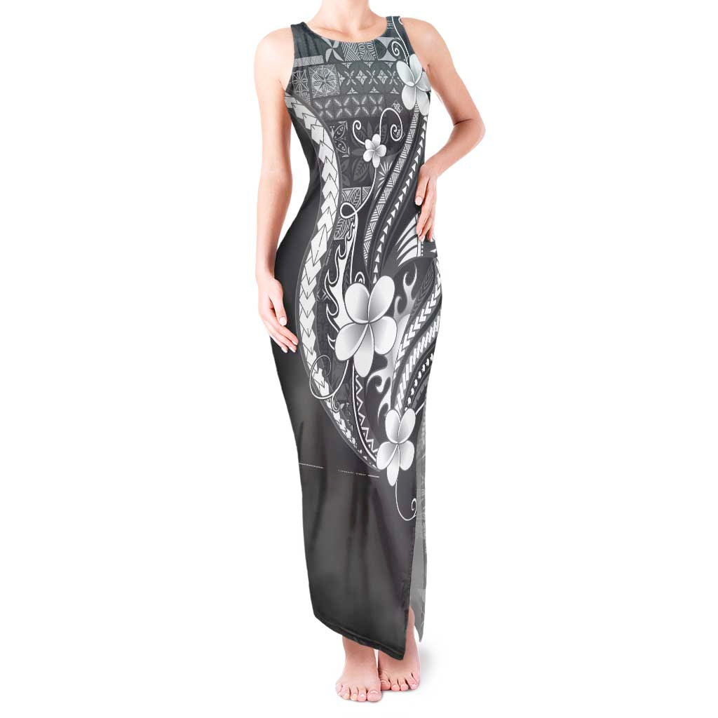 Samoa Siapo Tribal Pattern Tank Maxi Dress Light Gray Polynesian Plumeria Tapa Motif