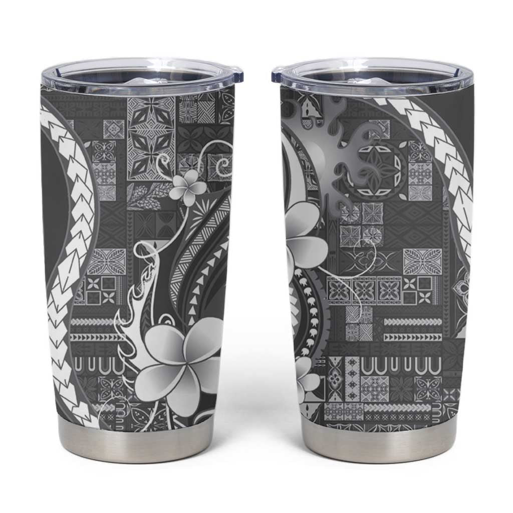 Samoa Siapo Tribal Pattern Tumbler Cup Light Gray Polynesian Plumeria Tapa Motif