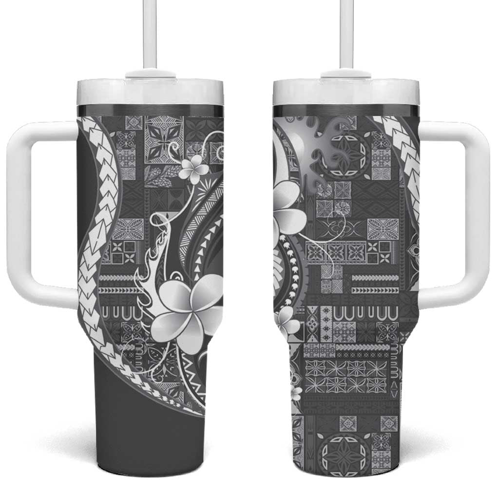 Samoa Siapo Tribal Pattern Tumbler With Handle Light Gray Polynesian Plumeria Tapa Motif
