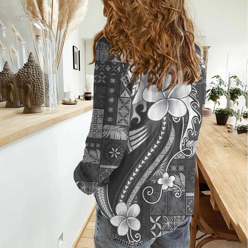 Samoa Siapo Tribal Pattern Women Casual Shirt Light Gray Polynesian Plumeria Tapa Motif