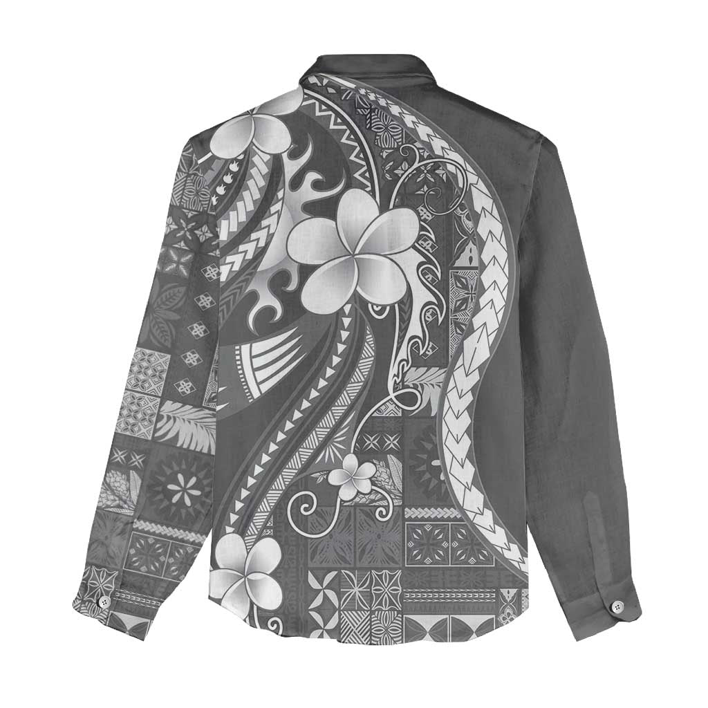 Samoa Siapo Tribal Pattern Women Casual Shirt Light Gray Polynesian Plumeria Tapa Motif