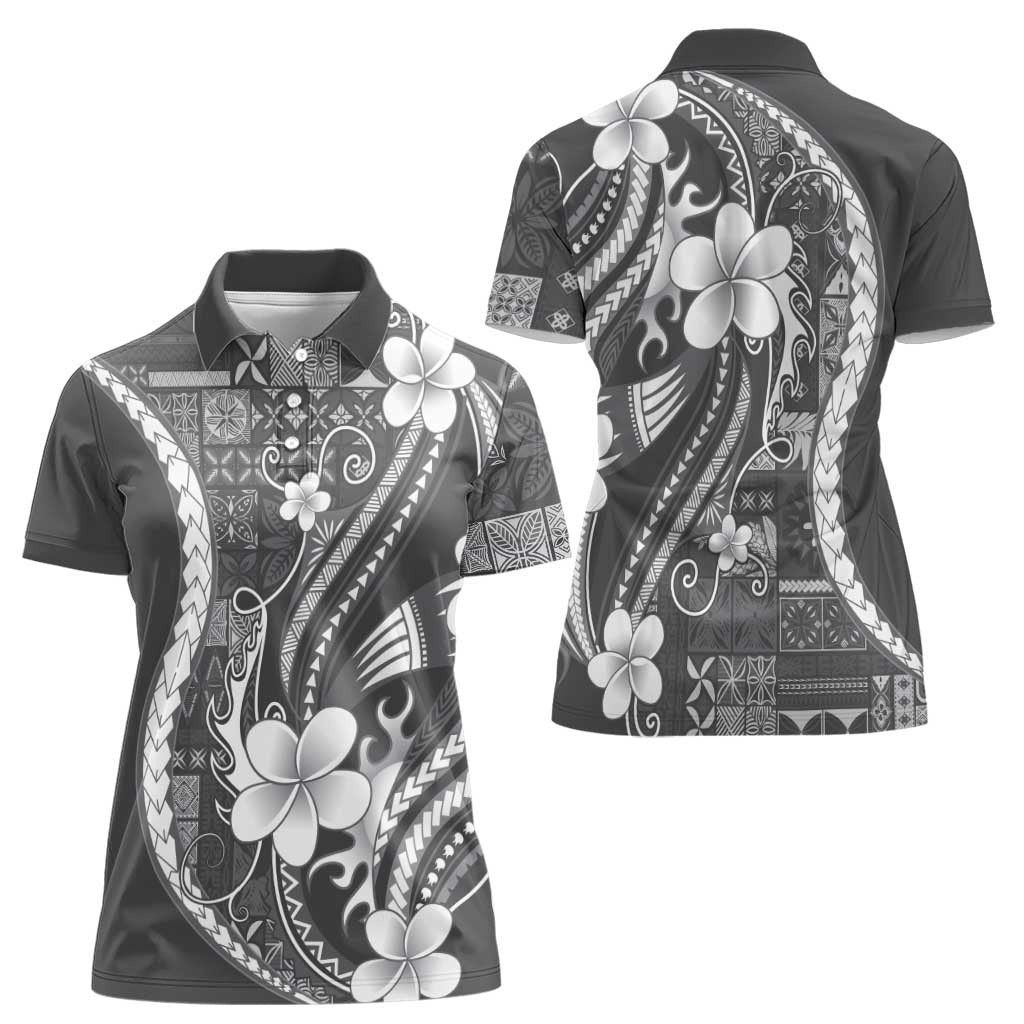 Samoa Siapo Tribal Pattern Women Polo Shirt Light Gray Polynesian Plumeria Tapa Motif