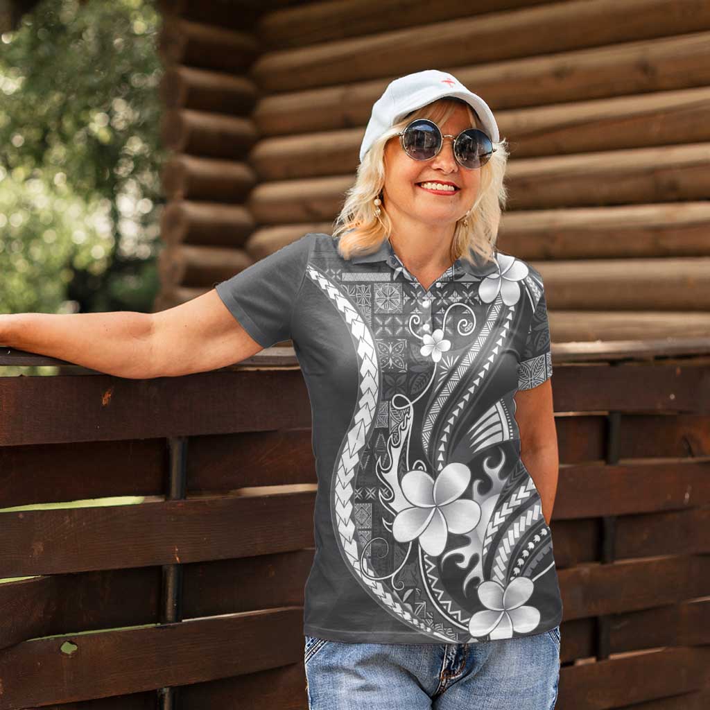 Samoa Siapo Tribal Pattern Women Polo Shirt Light Gray Polynesian Plumeria Tapa Motif