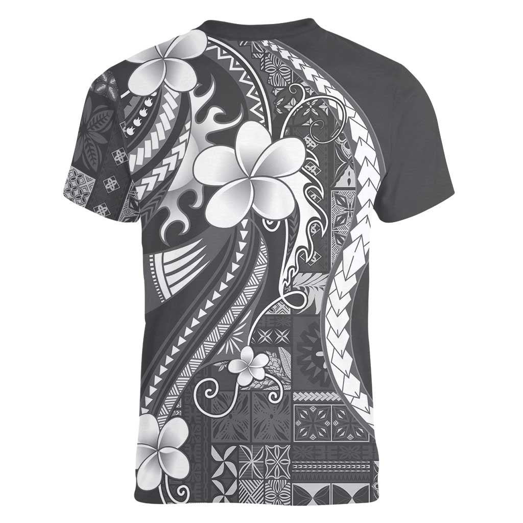 Samoa Siapo Tribal Pattern Women V-Neck T-Shirt Light Gray Polynesian Plumeria Tapa Motif