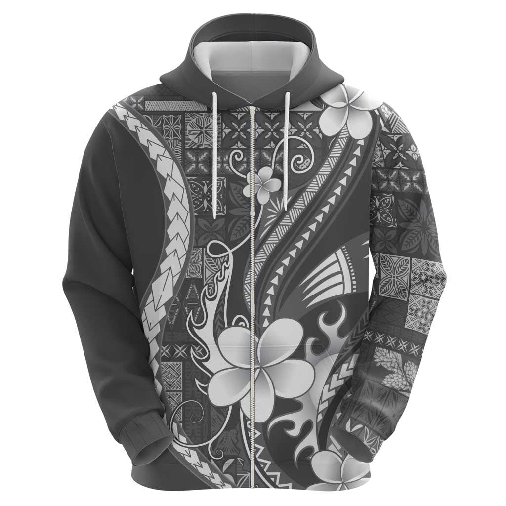 Samoa Siapo Tribal Pattern Zip Hoodie Light Gray Polynesian Plumeria Tapa Motif