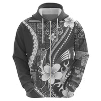 Samoa Siapo Tribal Pattern Zip Hoodie Light Gray Polynesian Plumeria Tapa Motif