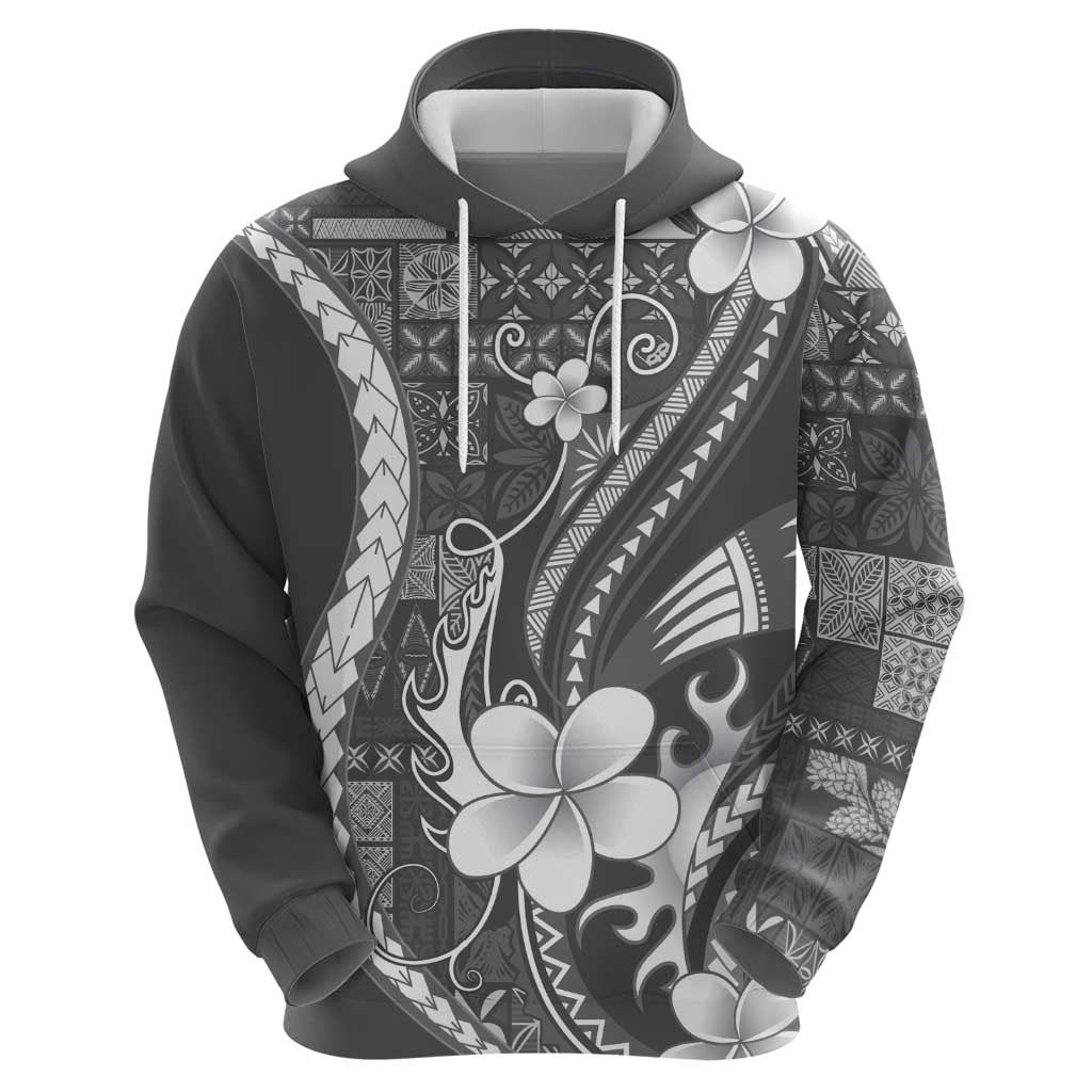 Samoa Siapo Tribal Pattern Zip Hoodie Light Gray Polynesian Plumeria Tapa Motif