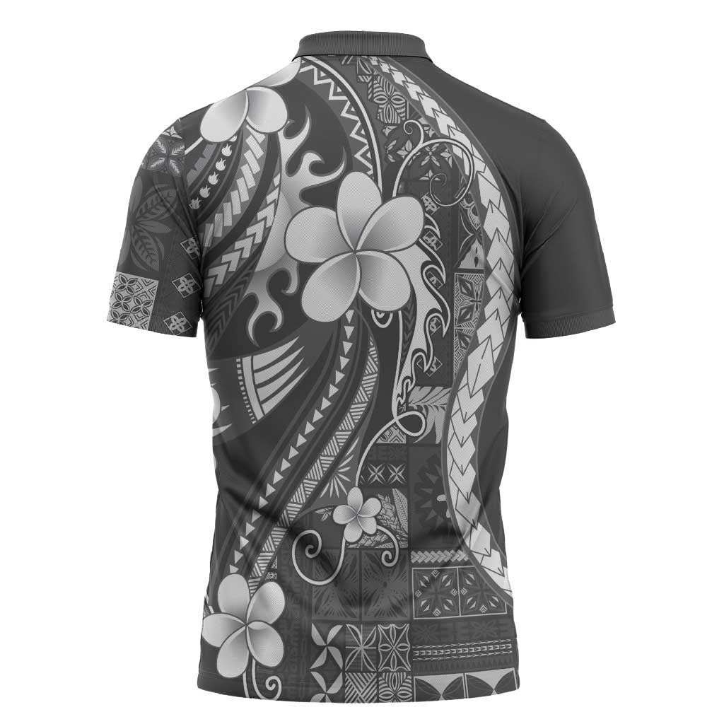 Samoa Siapo Tribal Pattern Zipper Polo Shirt Light Gray Polynesian Plumeria Tapa Motif
